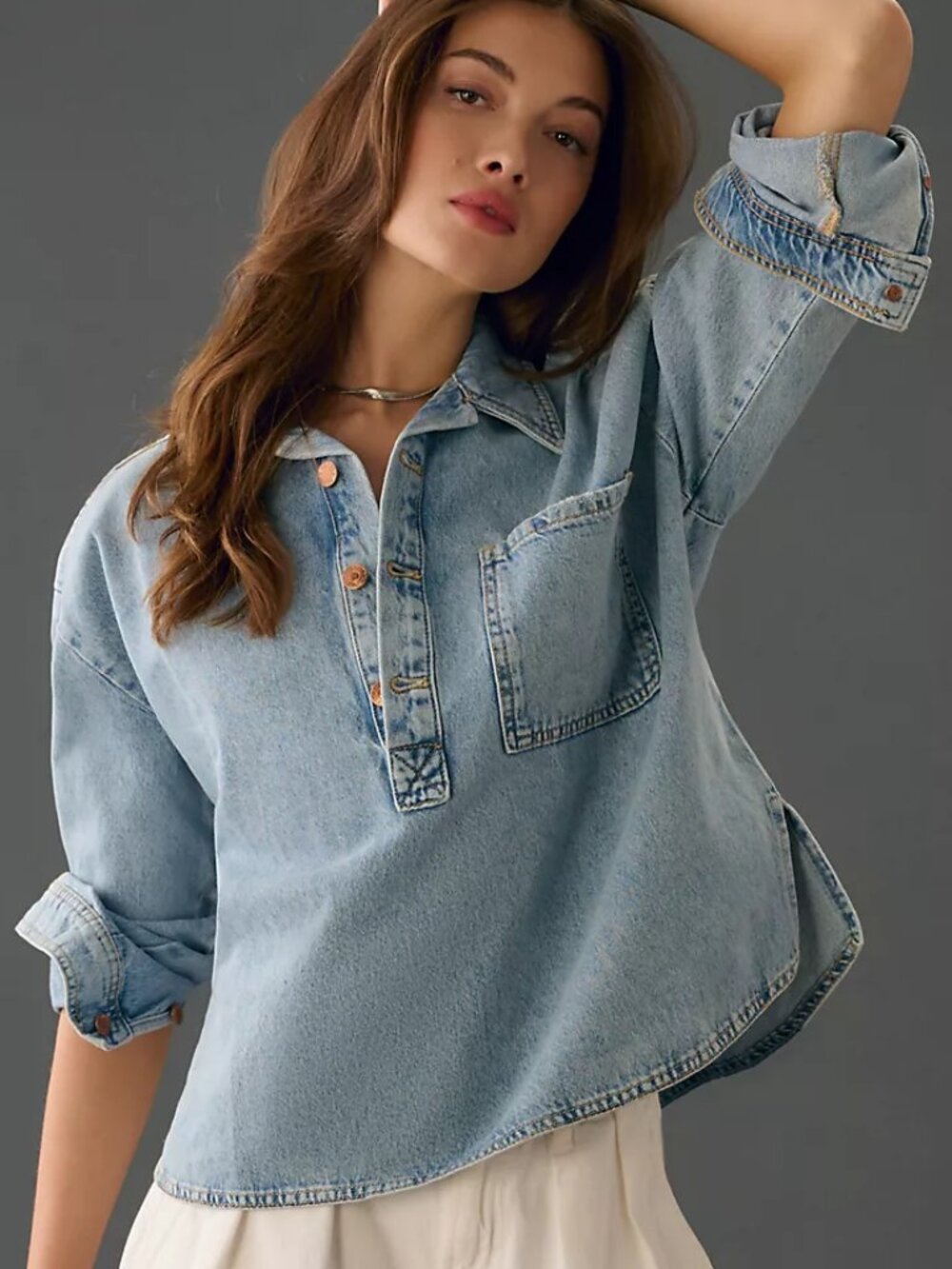 Preowned Pilcro Regenerative Cotton Denim Popover Shirt - Large - Picture 2 of 7
